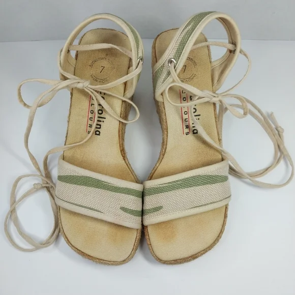 Carolina Colours Size 7 Tan Green Espadrille Wedge Y2K Tie Ankles Sandals Shoes - Picture 3 of 12